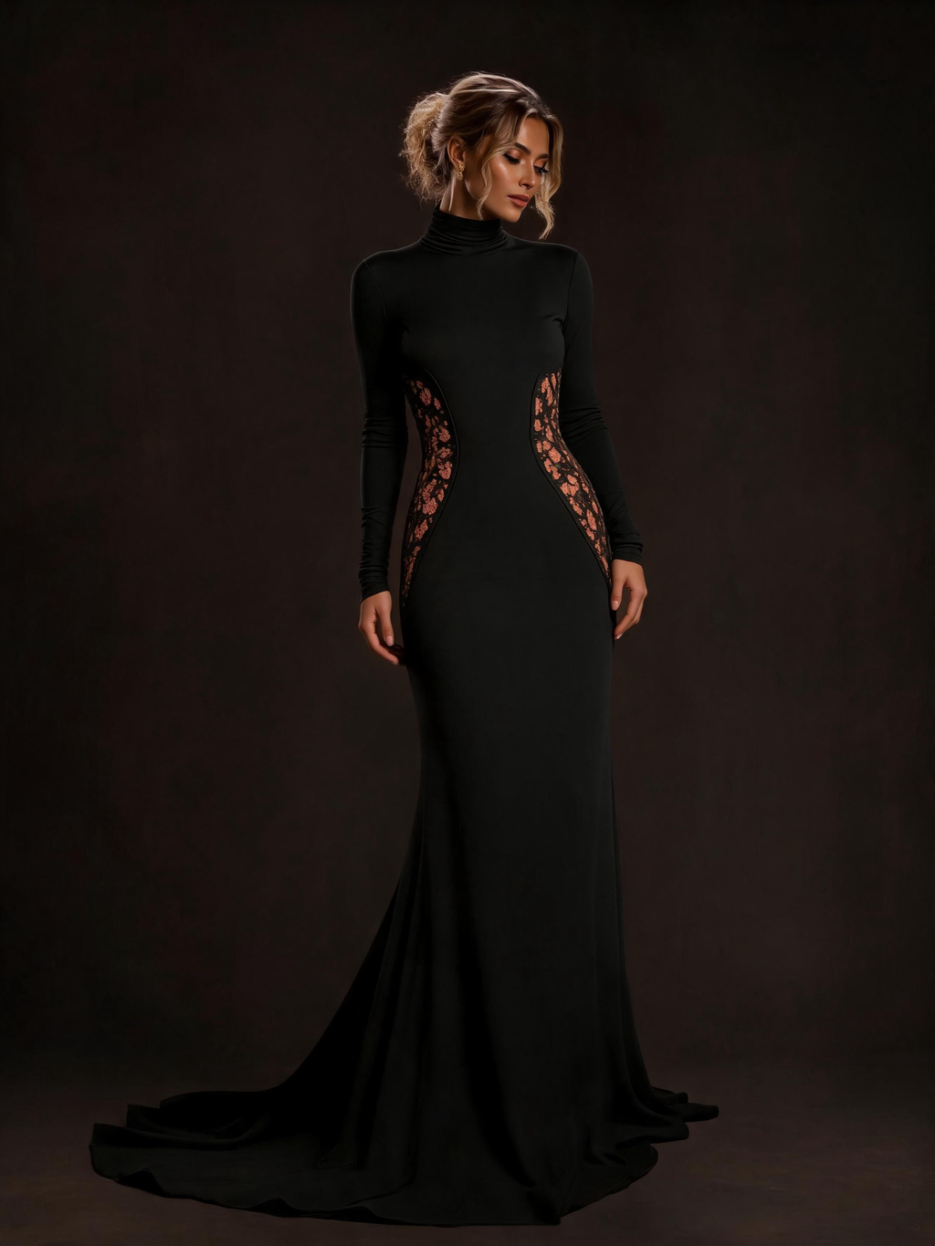 Black Turtleneck Long Sleeve Lace Panel Mermaid Evening Gown
