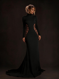Black Turtleneck Long Sleeve Lace Panel Mermaid Evening Gown