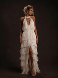 White Halter Keyhole Tiered Fringe Tassel Maxi Dress