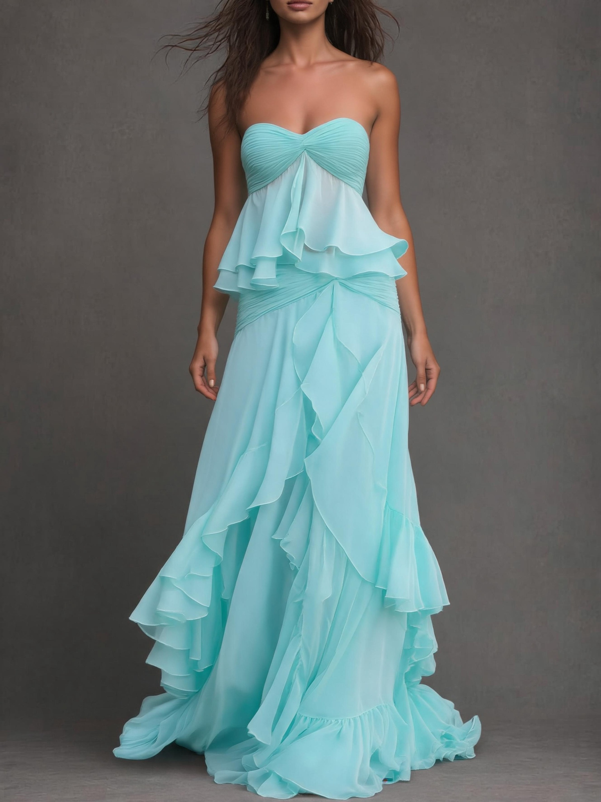 Mint Blue Strapless Ruffle Maxi Gown