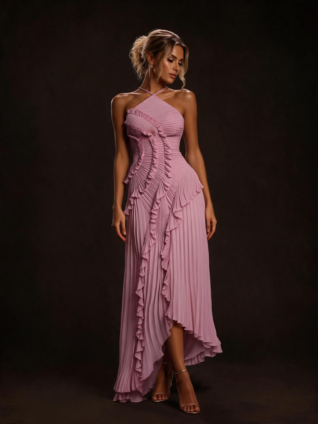 Dusty Pink Halter Cross-Neck Pleated Ruffle Asymmetric Maxi Dress