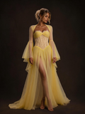 Yellow Sheer Tulle Flare Sleeve Lace Corset Maxi Dress