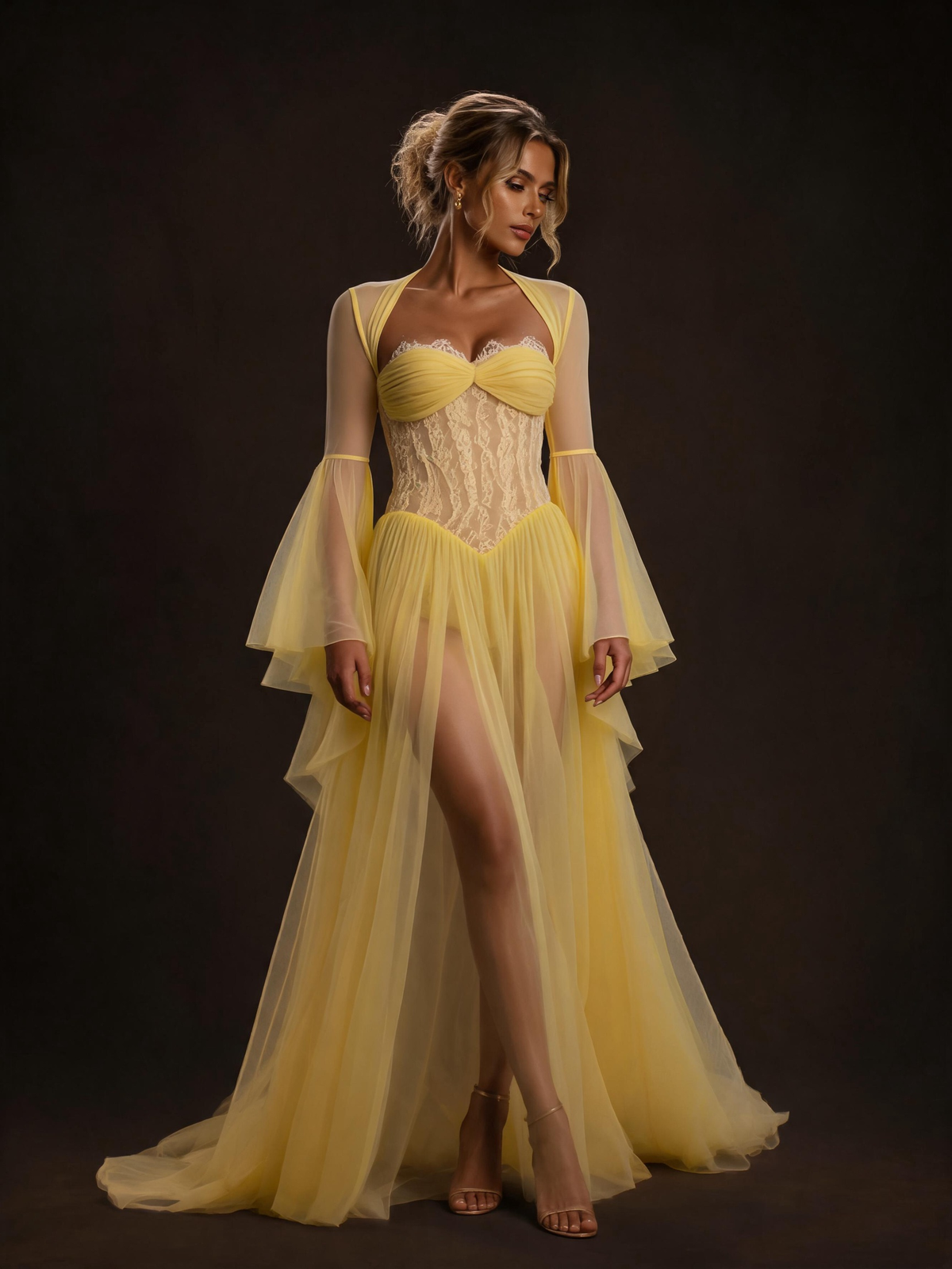 Yellow Sheer Tulle Flare Sleeve Lace Corset Maxi Dress