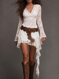 Sheer Lace Long Sleeve V-Neck Asymmetric Hem Dress