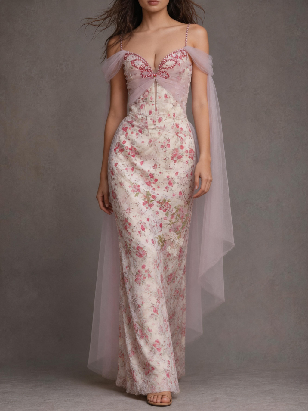 Lilac Butterfly Beaded Tulle Floral Mermaid Maxi Dress