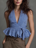 Gingham Halter V-Neck Bow-Tie Peplum Top