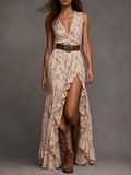 V-Neck Floral Print Ruffled High Slit Maxi Dress