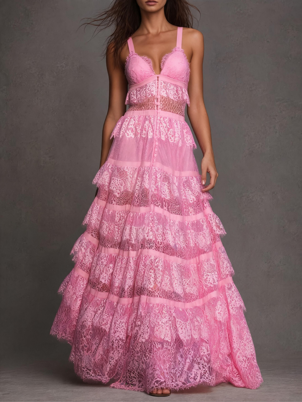 Pink Lace Tiered A-Line Maxi Dress