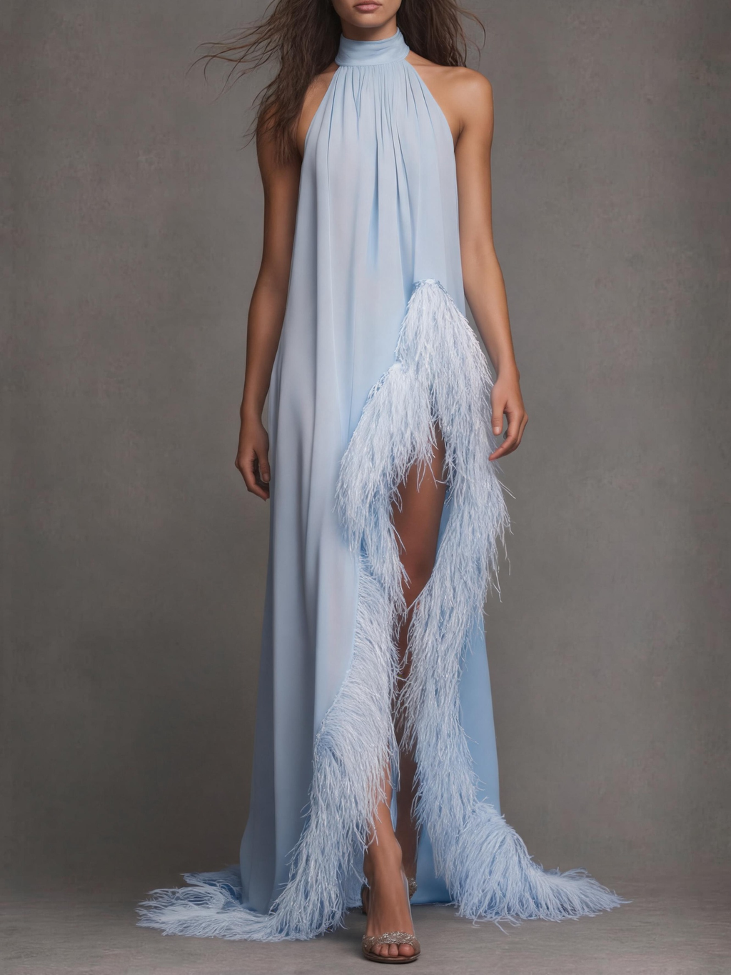 Light Blue Halter Feather Trim Backless High-Slit Evening Gown