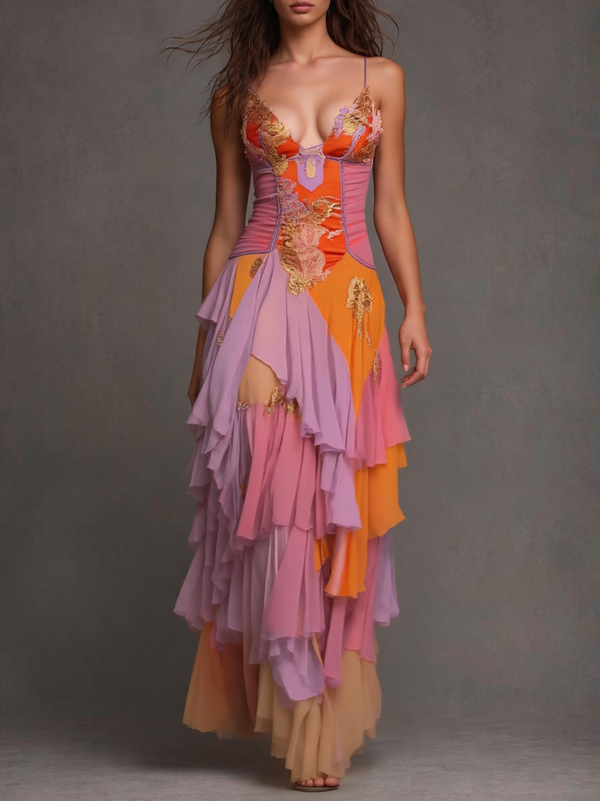 Colorblock Embroidered Corset Ruffle Mermaid Evening Gown