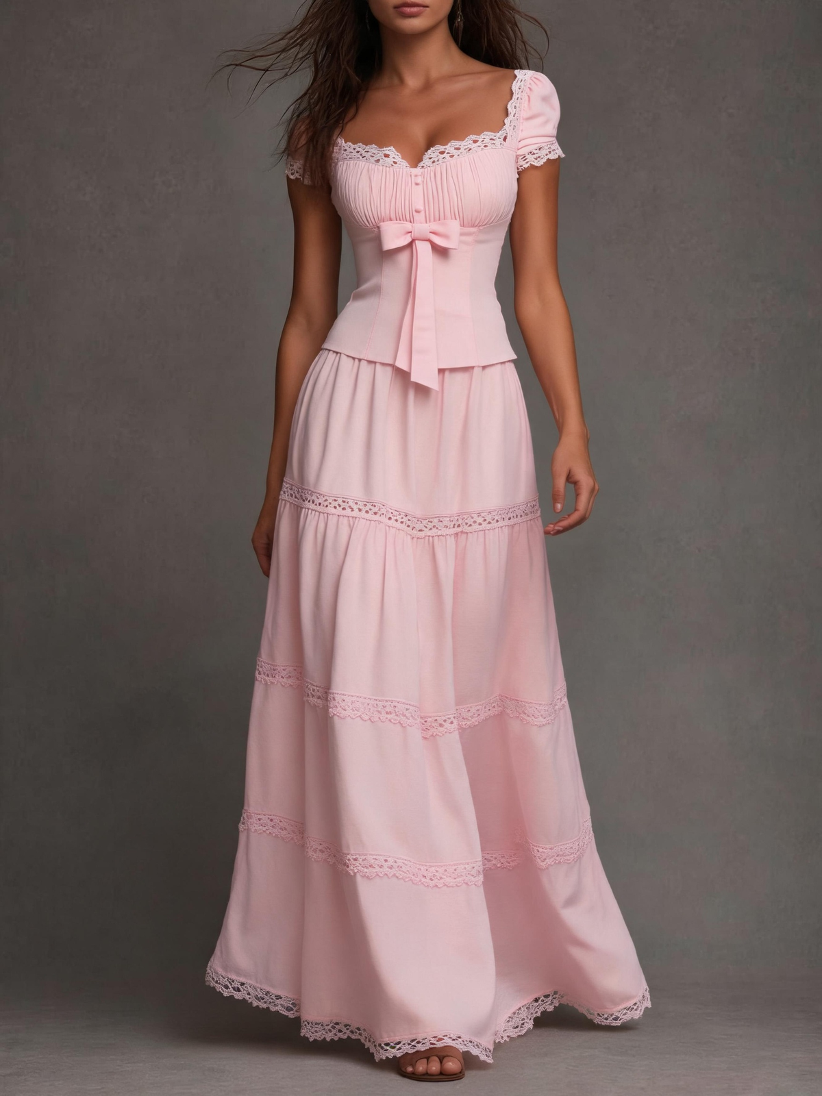 Blush Pink Bow Detail Scalloped Lace Maxi Dress