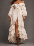 Ivory Off-Shoulder Lace Trim Puff Sleeve Tiered Maxi Dress