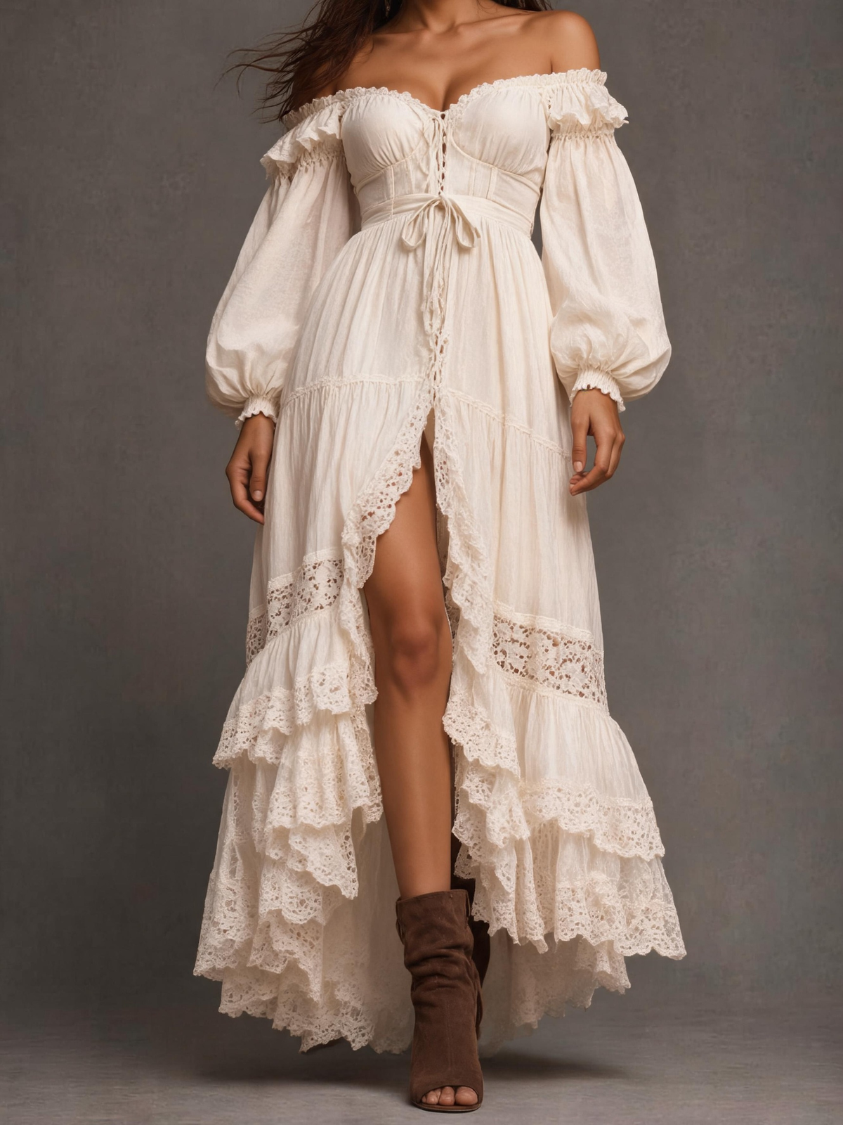 Ivory Off-Shoulder Lace Trim Puff Sleeve Tiered Maxi Dress