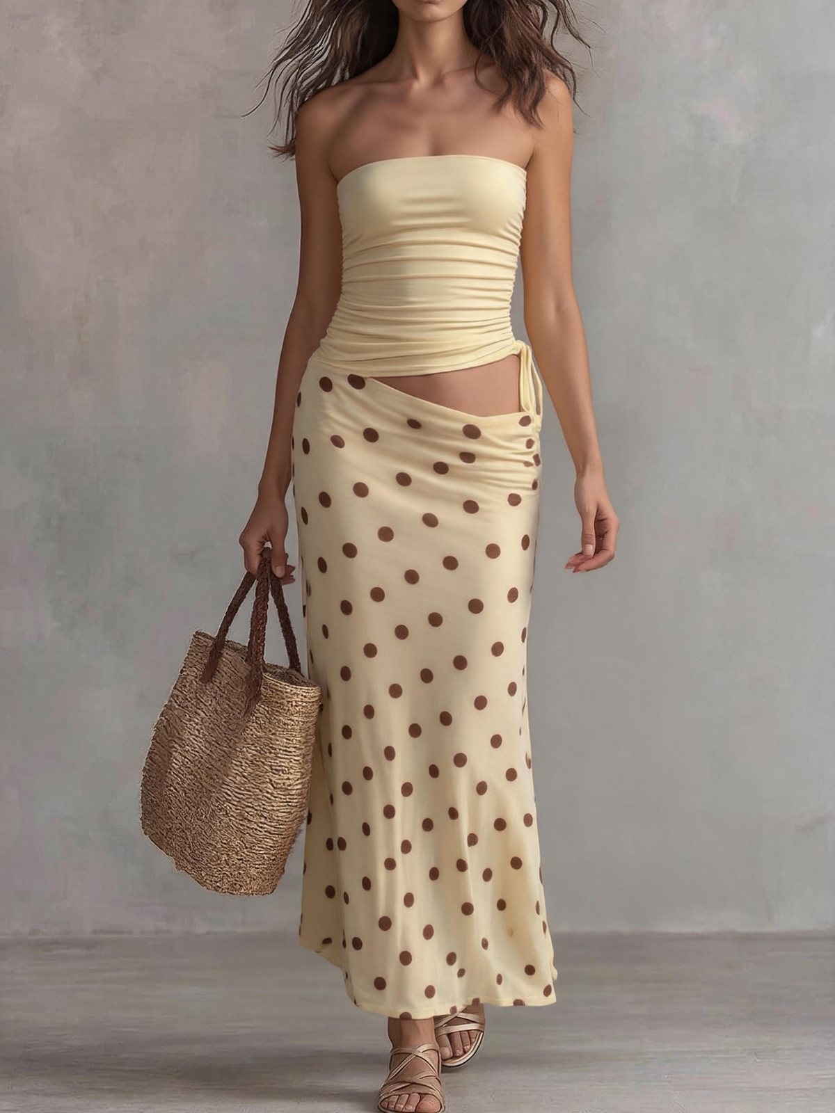 Summer Mock Two-Piece Strapless Maxi Dress in Butter Yellow Polka Dot