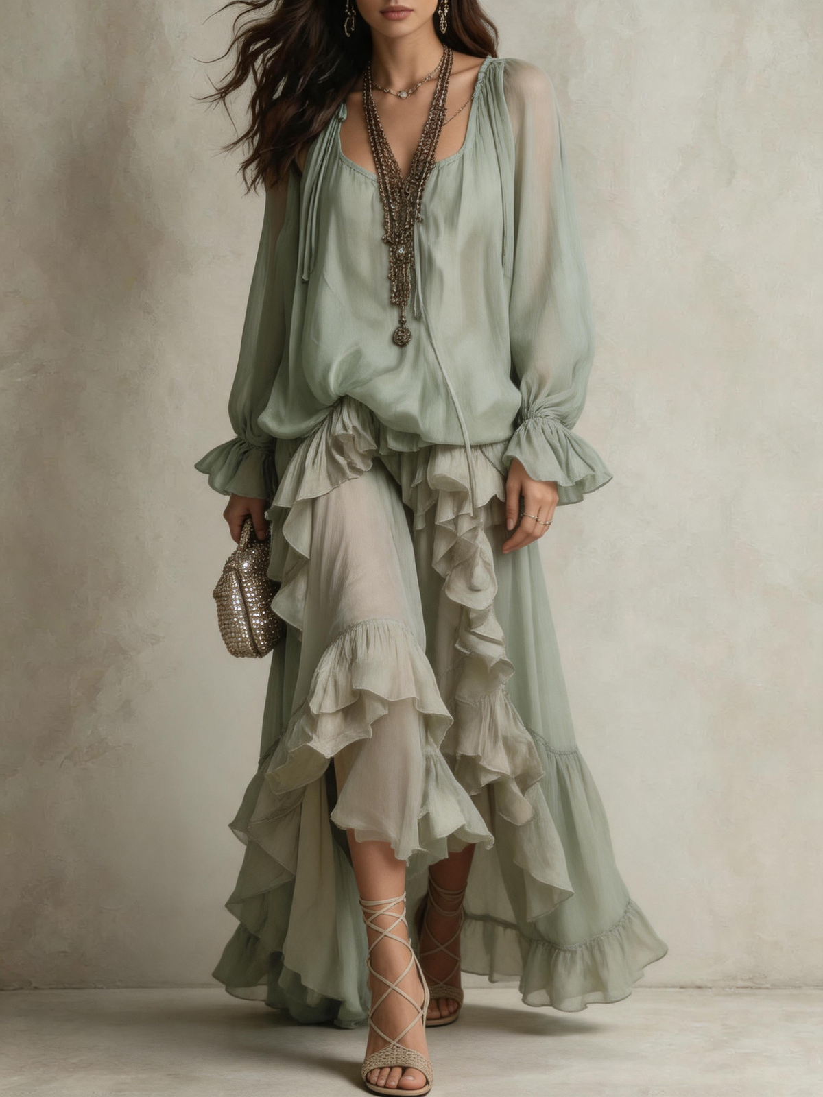 Sheer Tie-Shoulder Blouse And Layered Ruffle Skirt Set