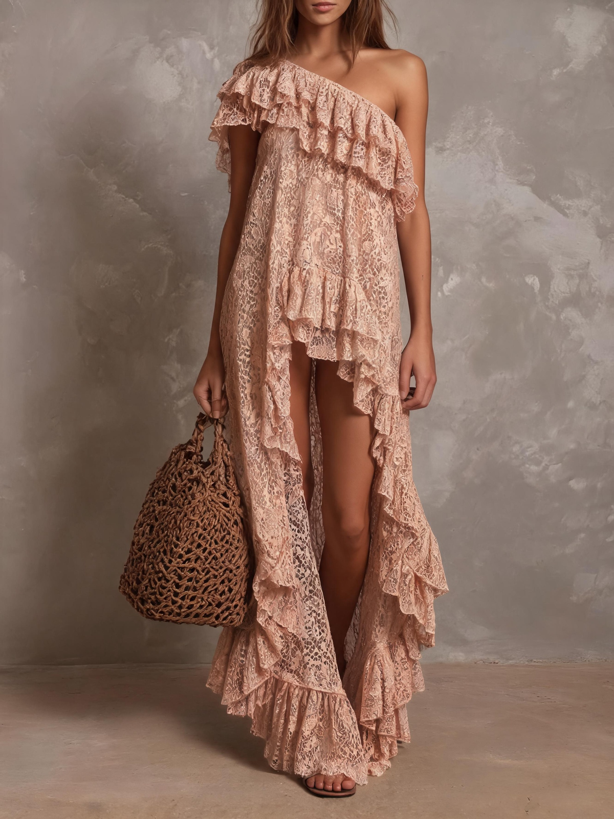 One-Shoulder Lace Tiered High-Low Maxi Dress