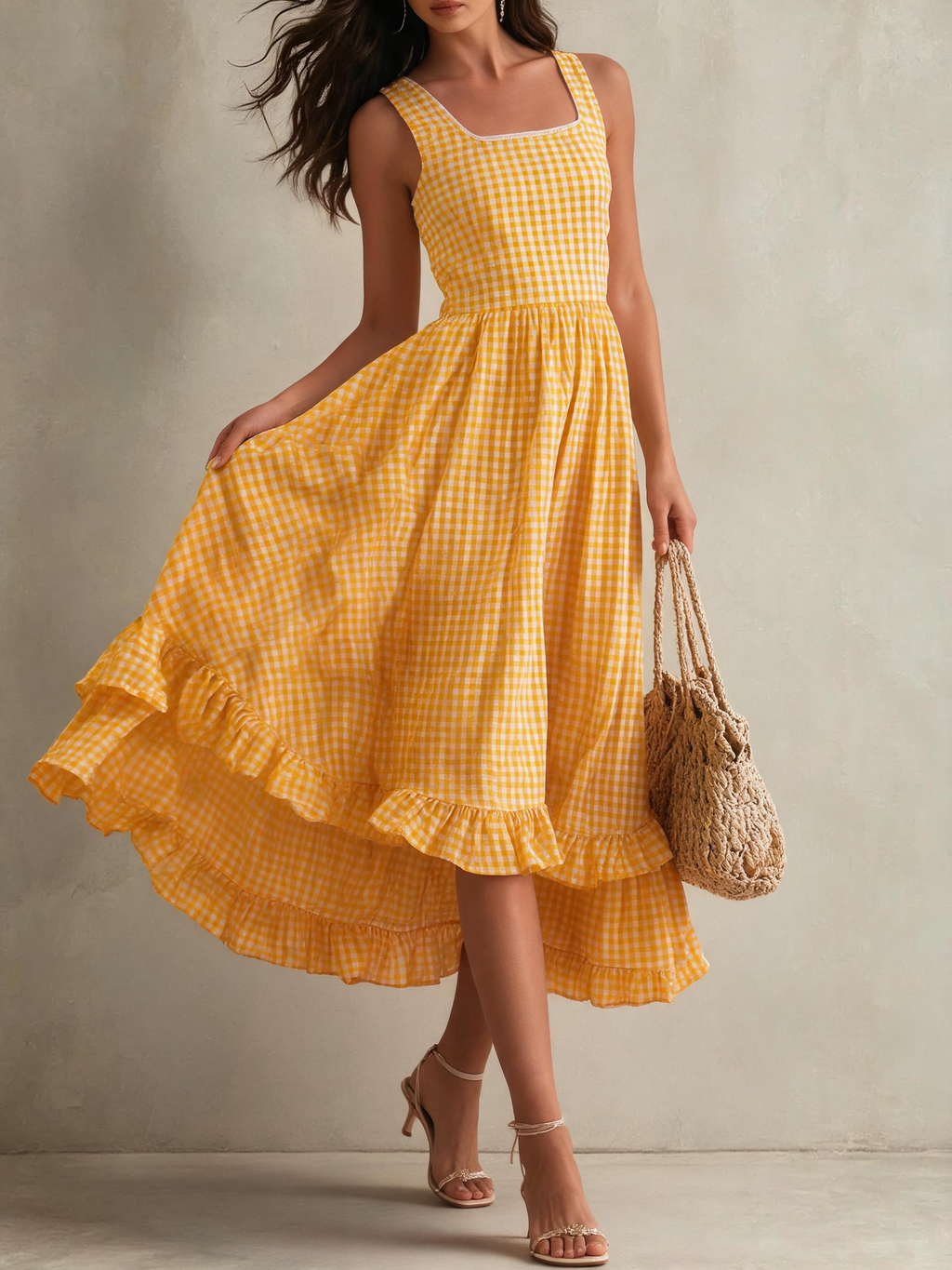 Yellow Gingham Square Neck Cami Ruffle Hem Midi Dress