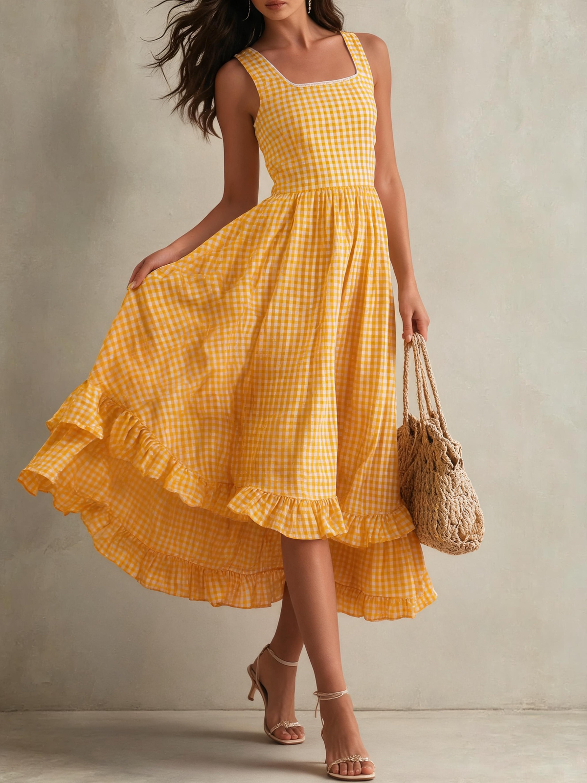 Yellow Gingham Square Neck Cami Ruffle Hem Midi Dress