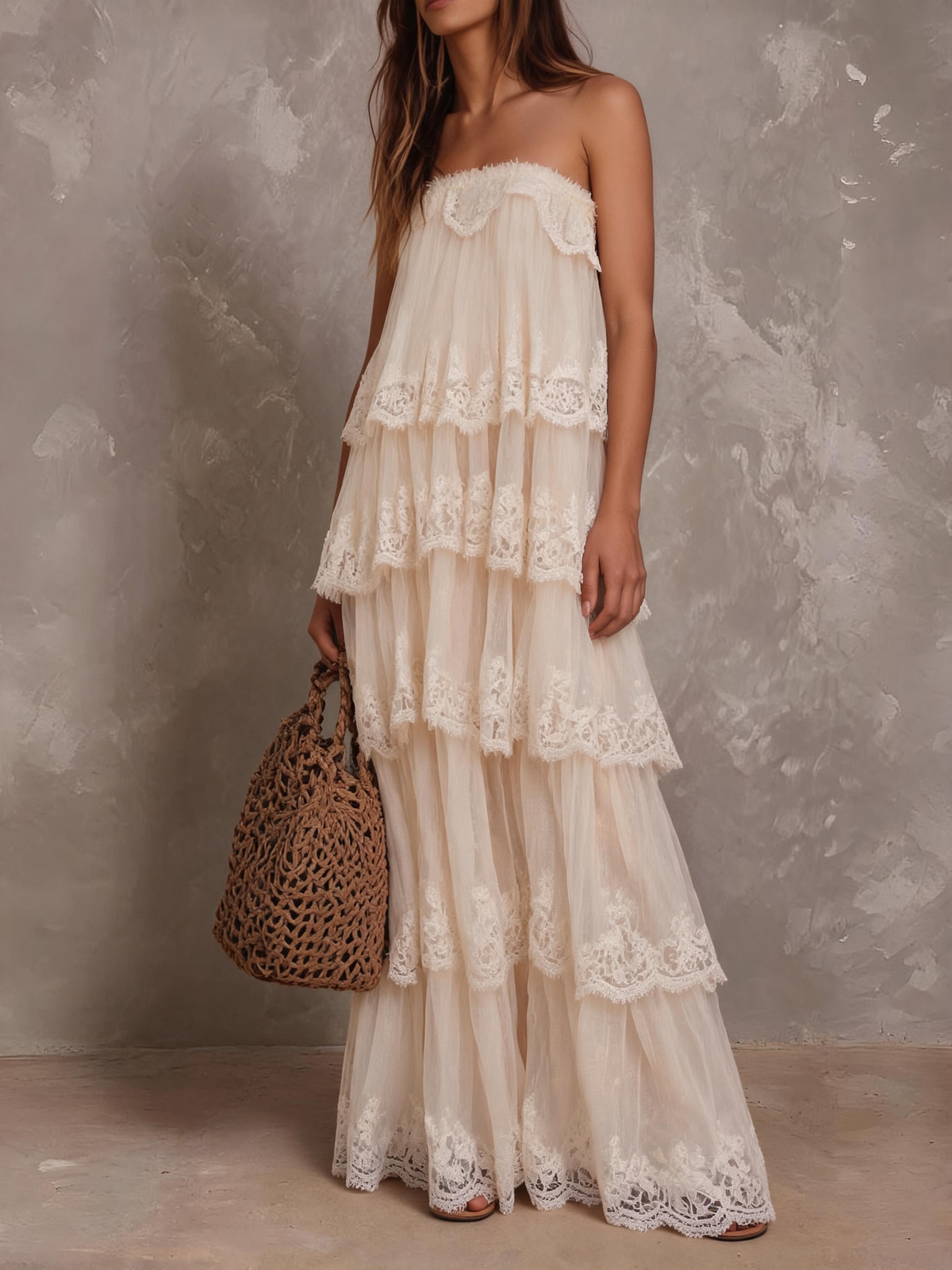 Cream Lace Tiered Open-Back Spaghetti Strap Maxi Dress