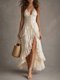 Halter Deep V Lace Corset Lace-Up Tiered Ruffle Maxi Dress