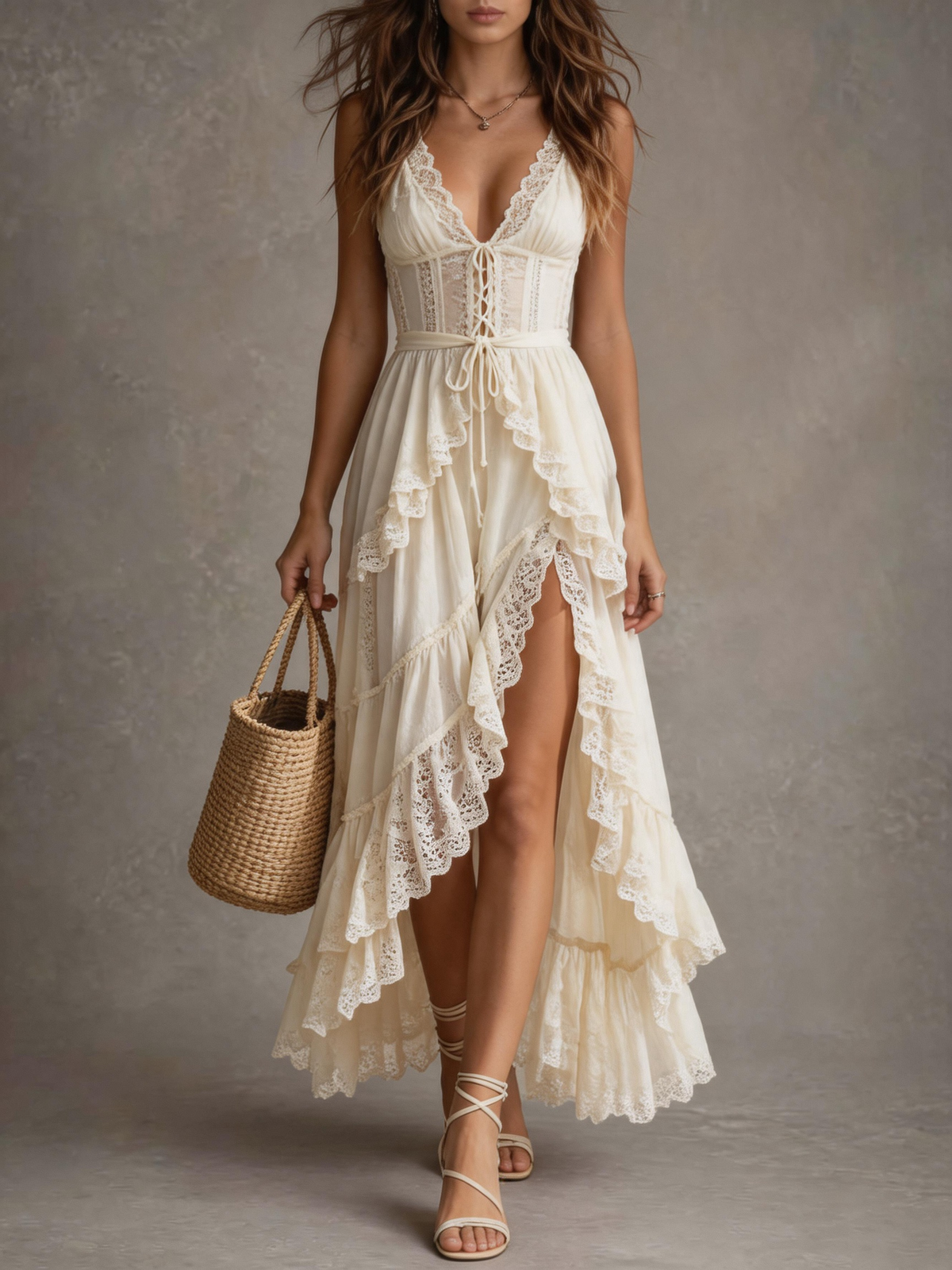 Halter Deep V Lace Corset Lace-Up Tiered Ruffle Maxi Dress