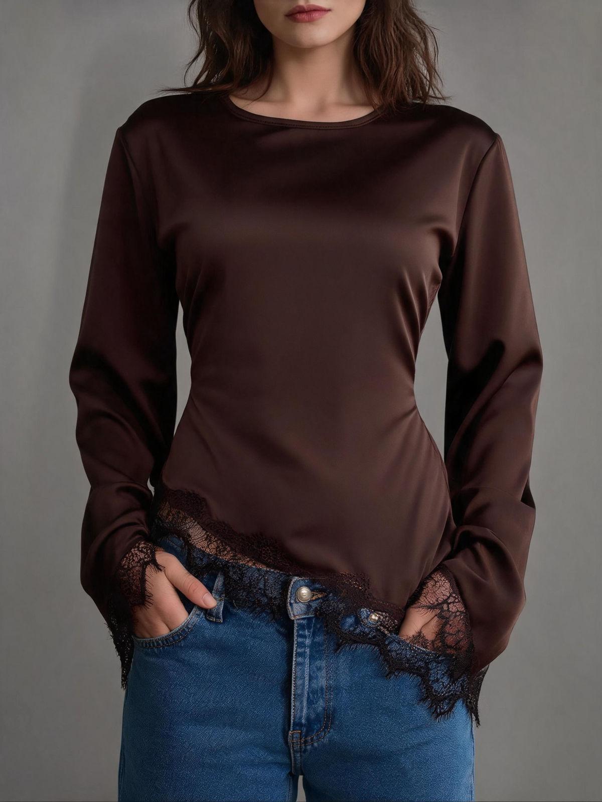 Satin Lace Trim Tie-Waist Flare Sleeve Top