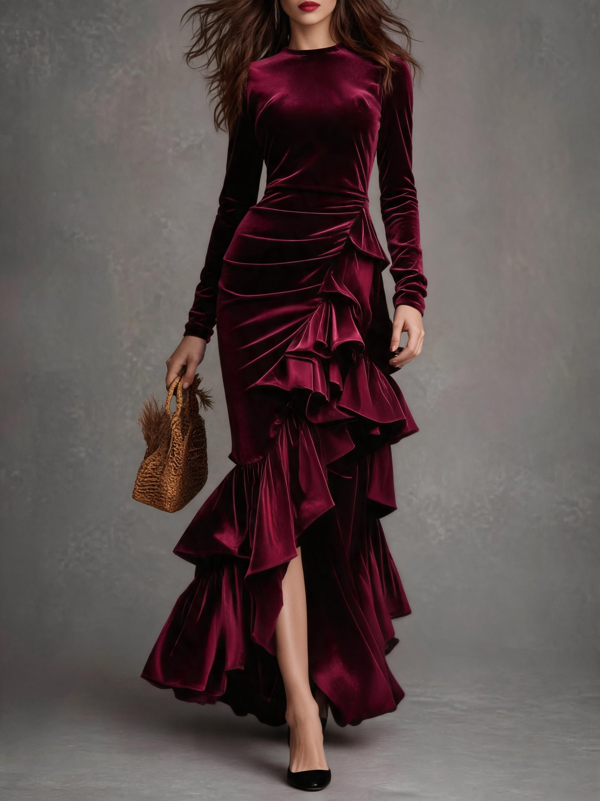 Long Sleeve Ruffled Tier Evening Gown