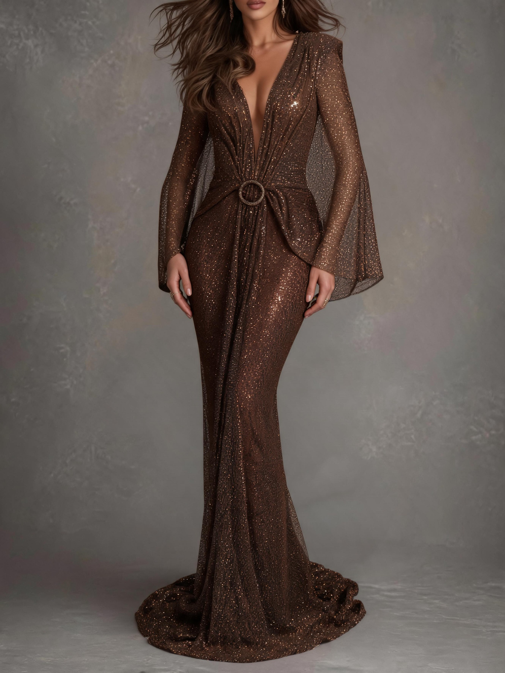 Deep V Shiny Bodycon Evening Maxi Dress