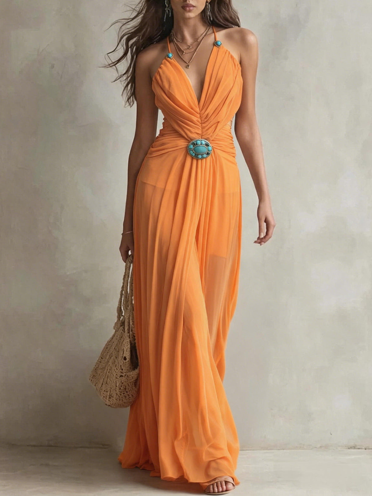 Women Deep V-Neck Halter Ruched Turquoise Brooch Maxi Dress