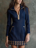 Navy Zip-Front Gold Ring Hem Mini Dress