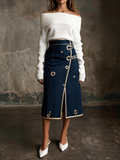 Denim Gold Grommet Midi Skirt