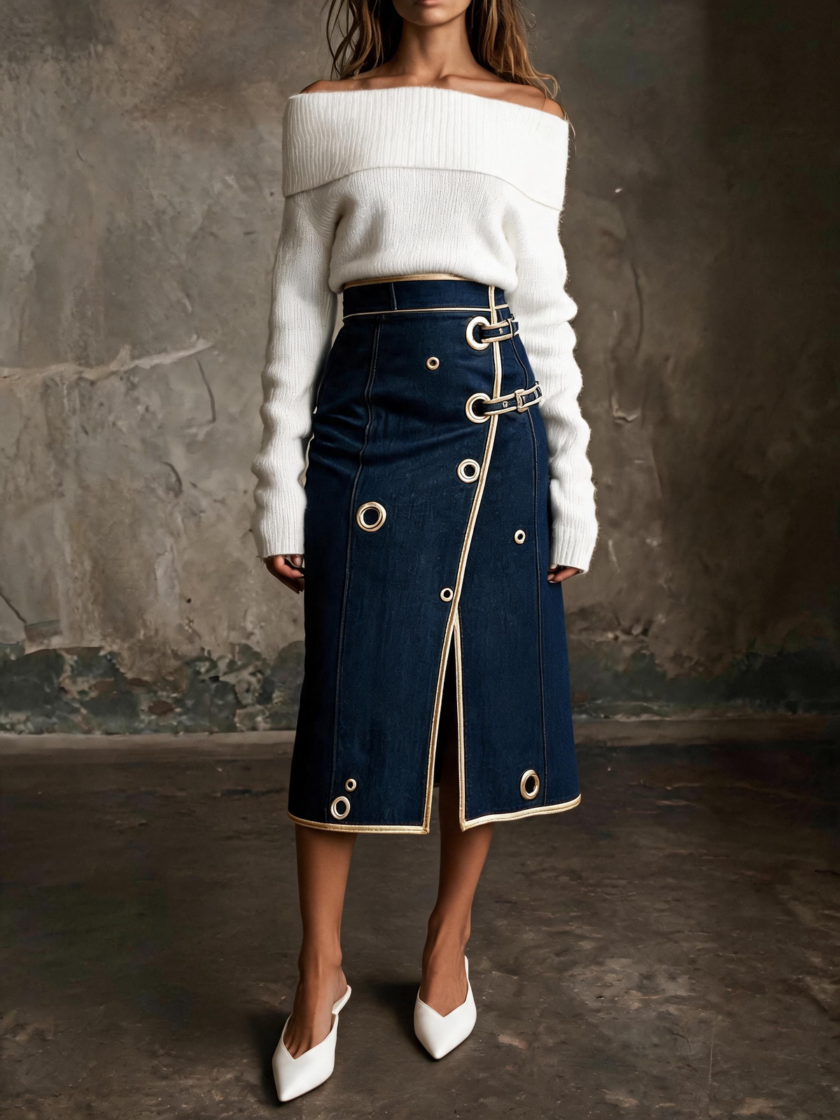 Denim Gold Grommet Midi Skirt