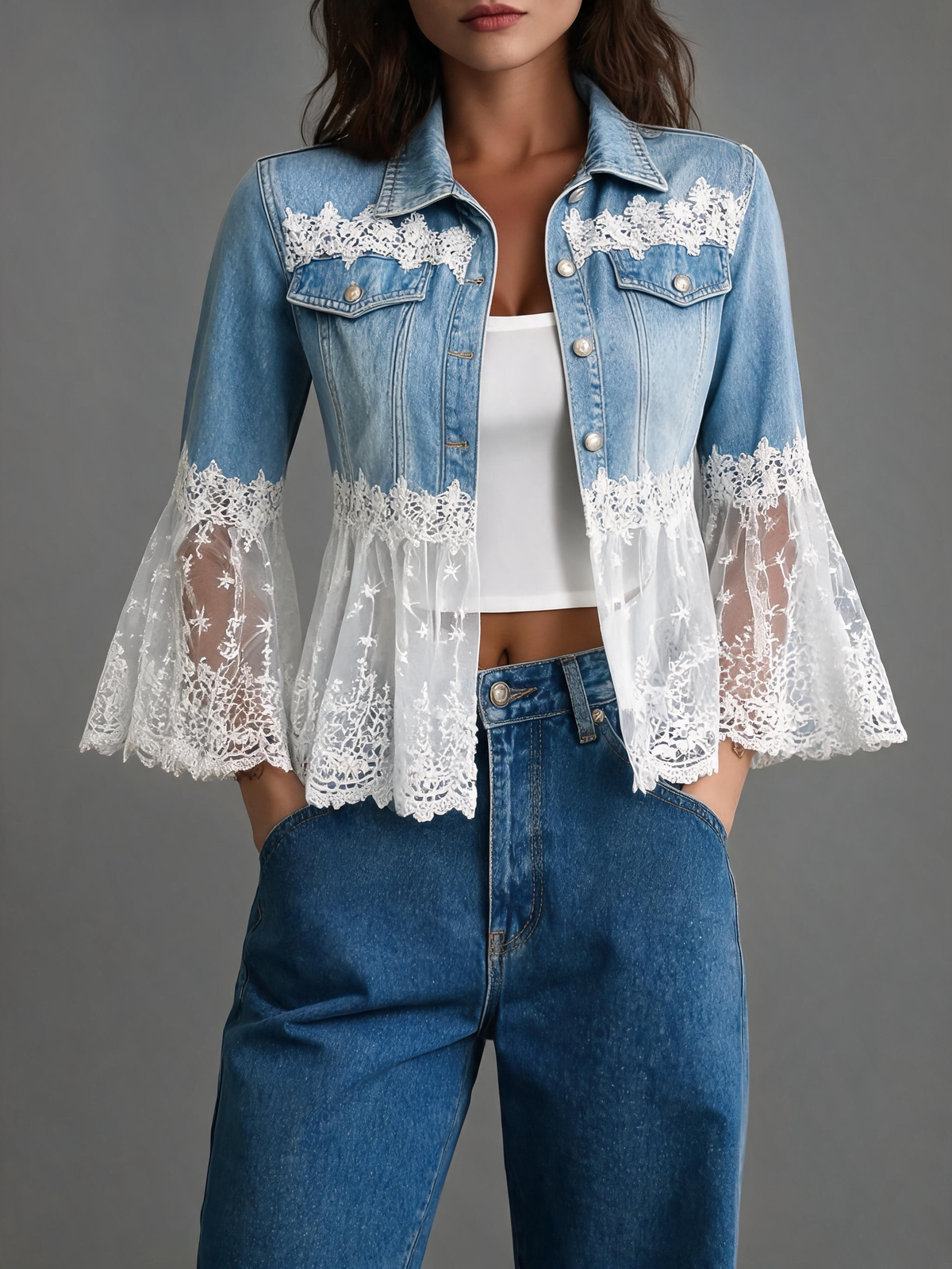 Light Blue Lace Trim Denim Jacket