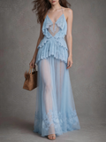 Ice Blue Ruffle Tulle Maxi Gown