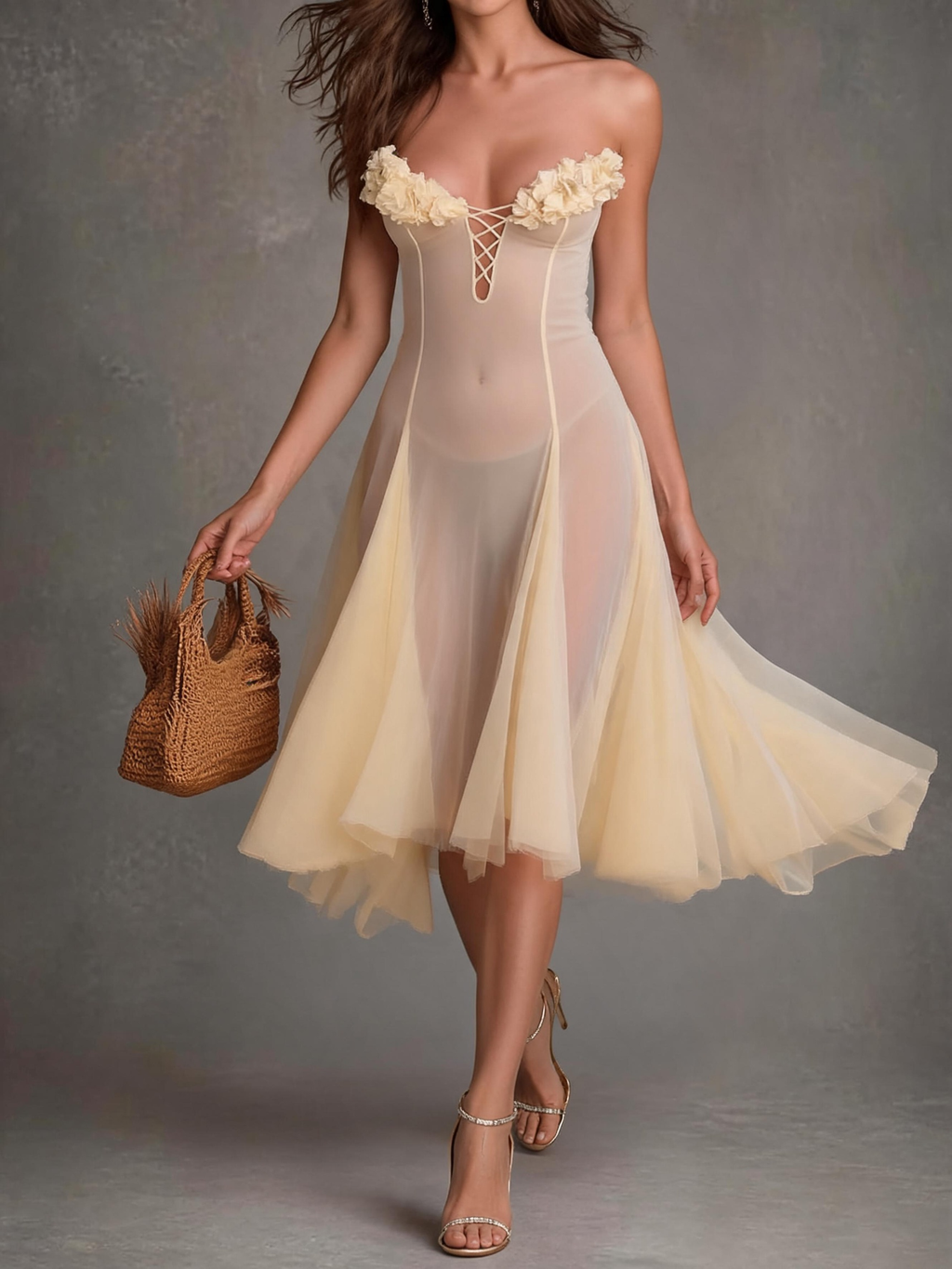 Cream White Strapless Draped Midi Dress