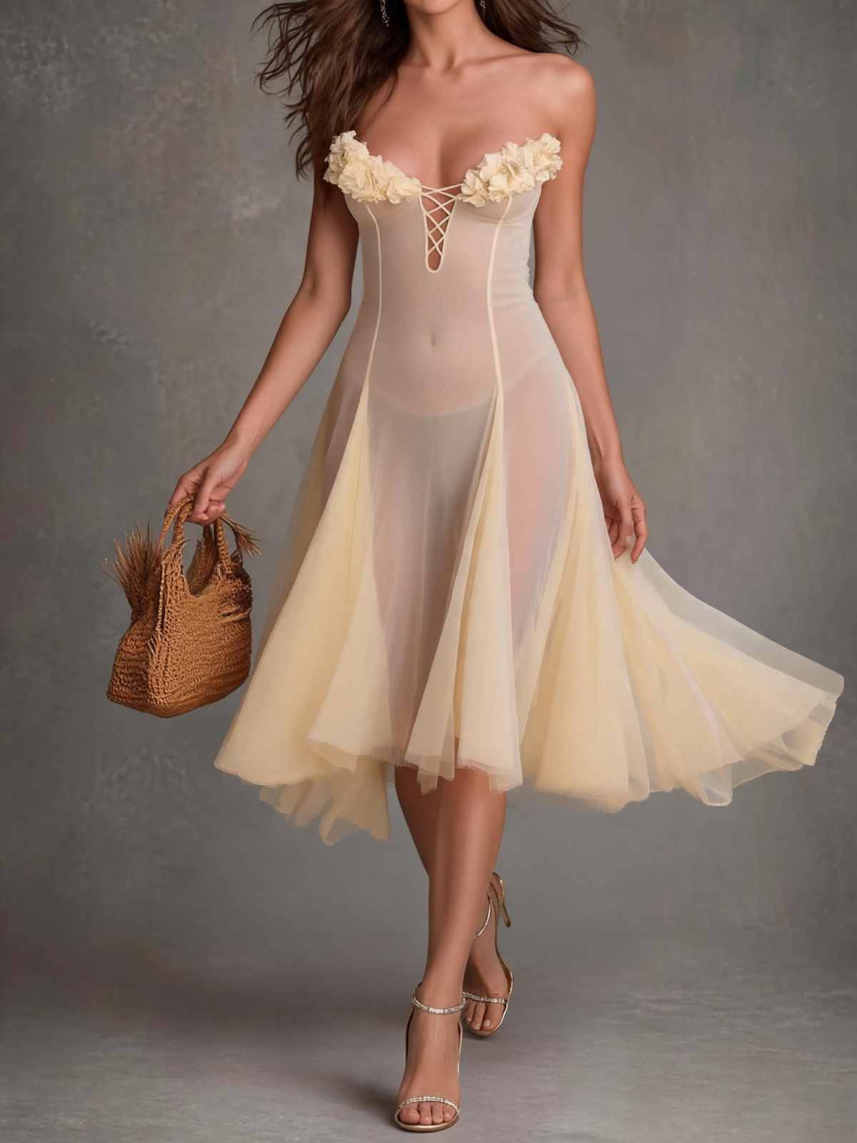 Cream White Strapless Draped Midi Dress