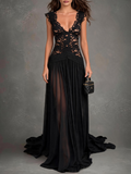 Black Lace Tulle Flowy Maxi Dress