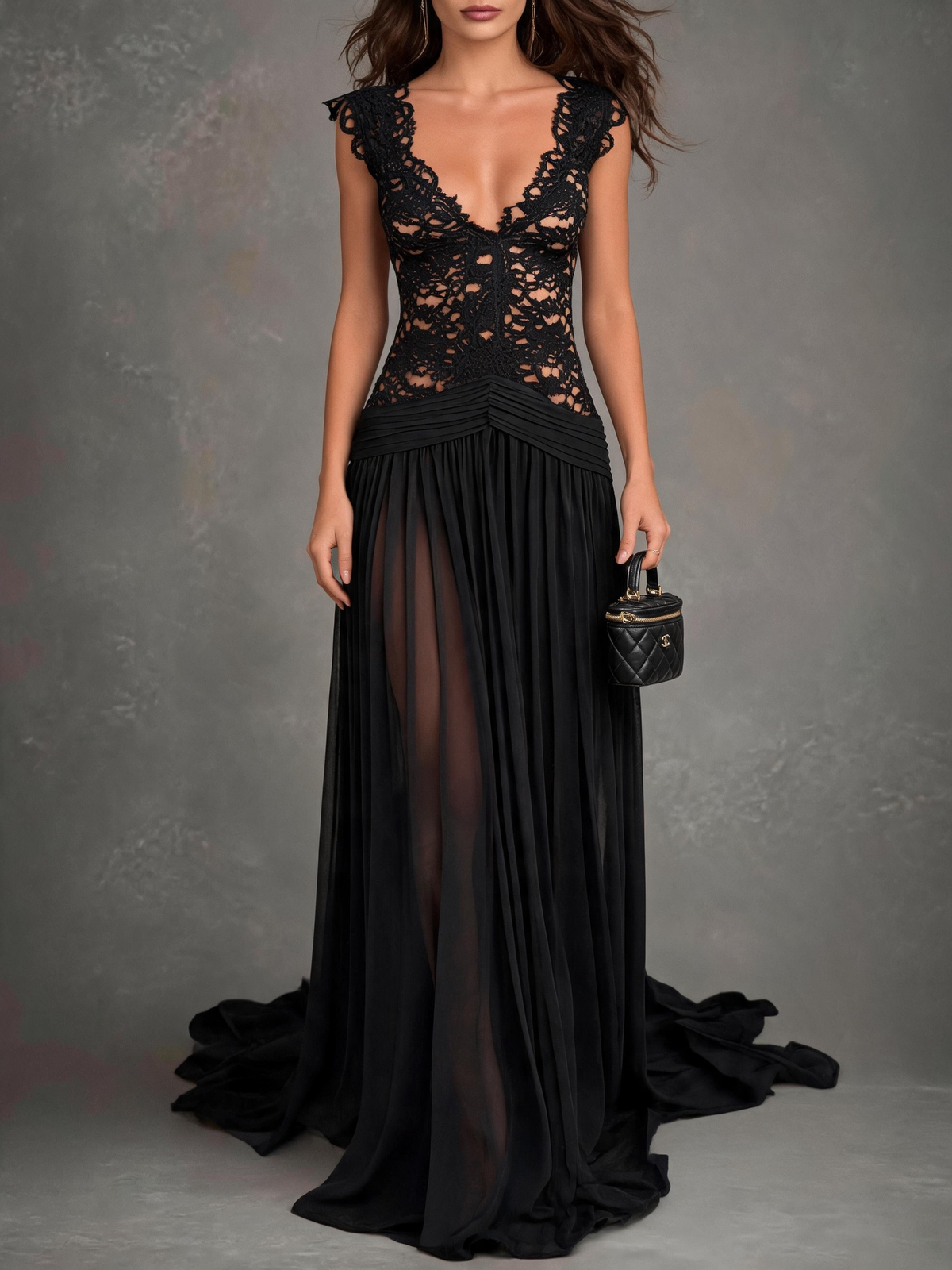Black Lace Tulle Flowy Maxi Dress