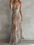 LeopardPrint Spaghetti Strap Satin Maxi Dress