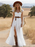 White Lace Boho Maxi Dress | Western Prairie Flutter Sleeve