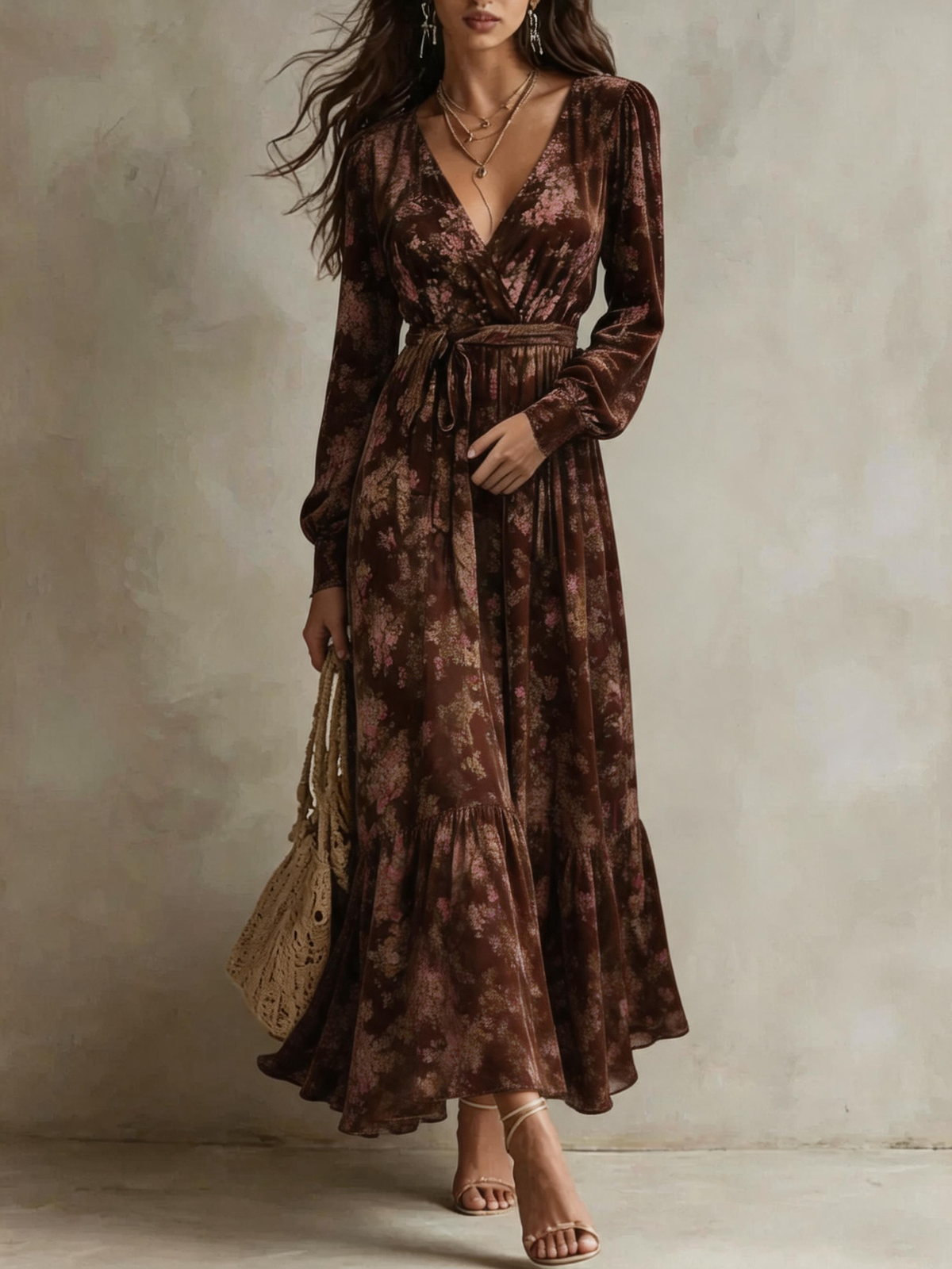 Chocolate Brown Vintage Floral Print Deep V Wrap Tie Waist Lantern Sleeve Ruffle Hem Maxi Dress