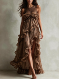 Bronze Sheer Yoke Tiered Ruffle Maxi Dress