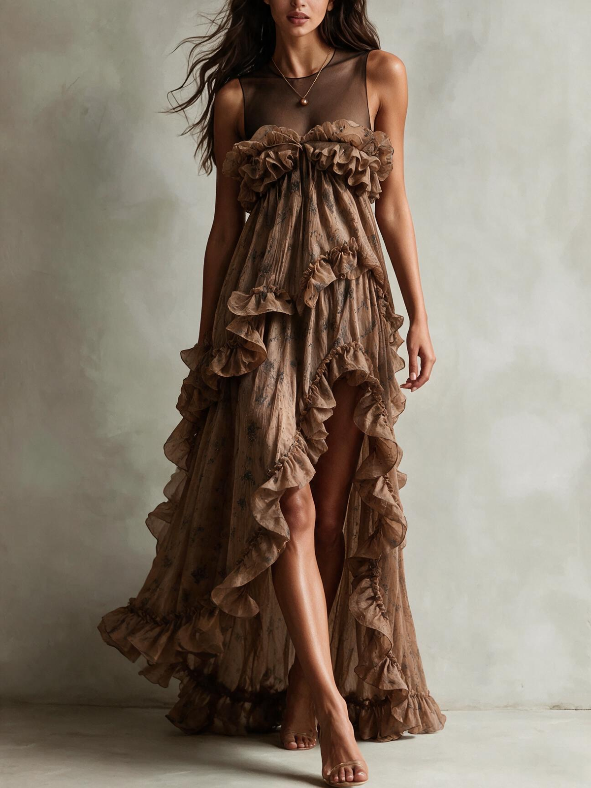 Bronze Sheer Yoke Tiered Ruffle Maxi Dress