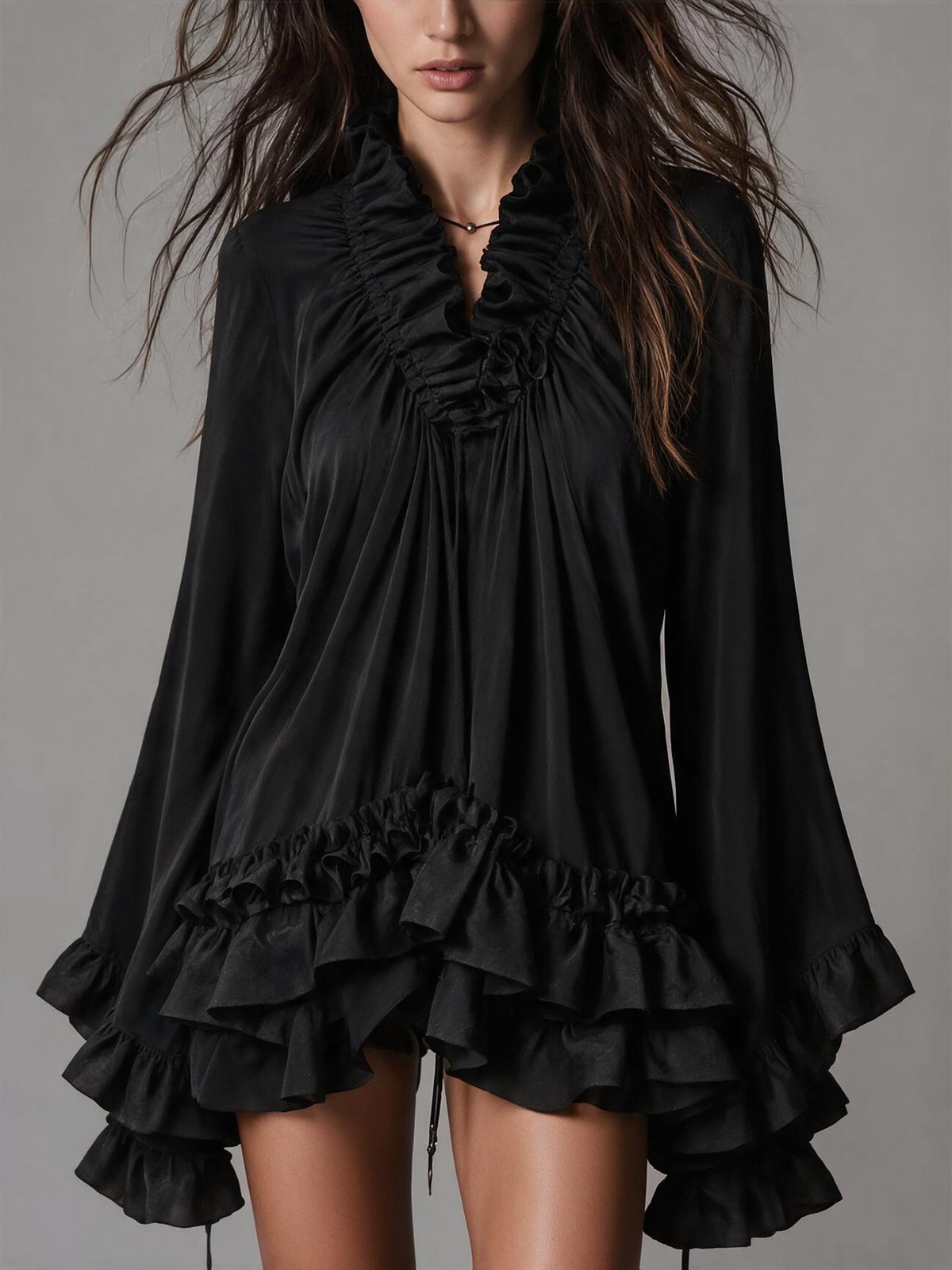 Black High Neck Ruffle Mini Dress
