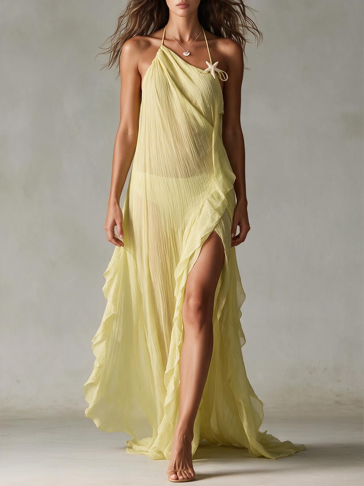 Yellow Asymmetric Pleated Halter Maxi Dress