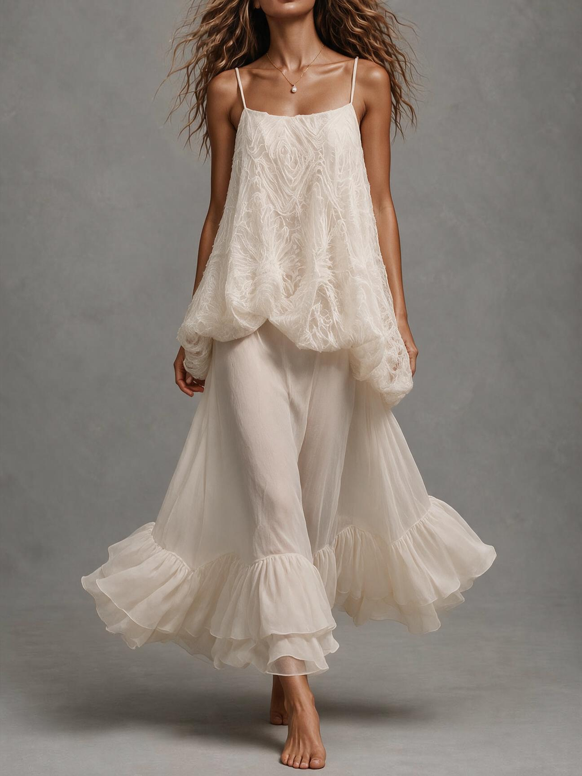 White Textured Bubble Hem Maxi Dress