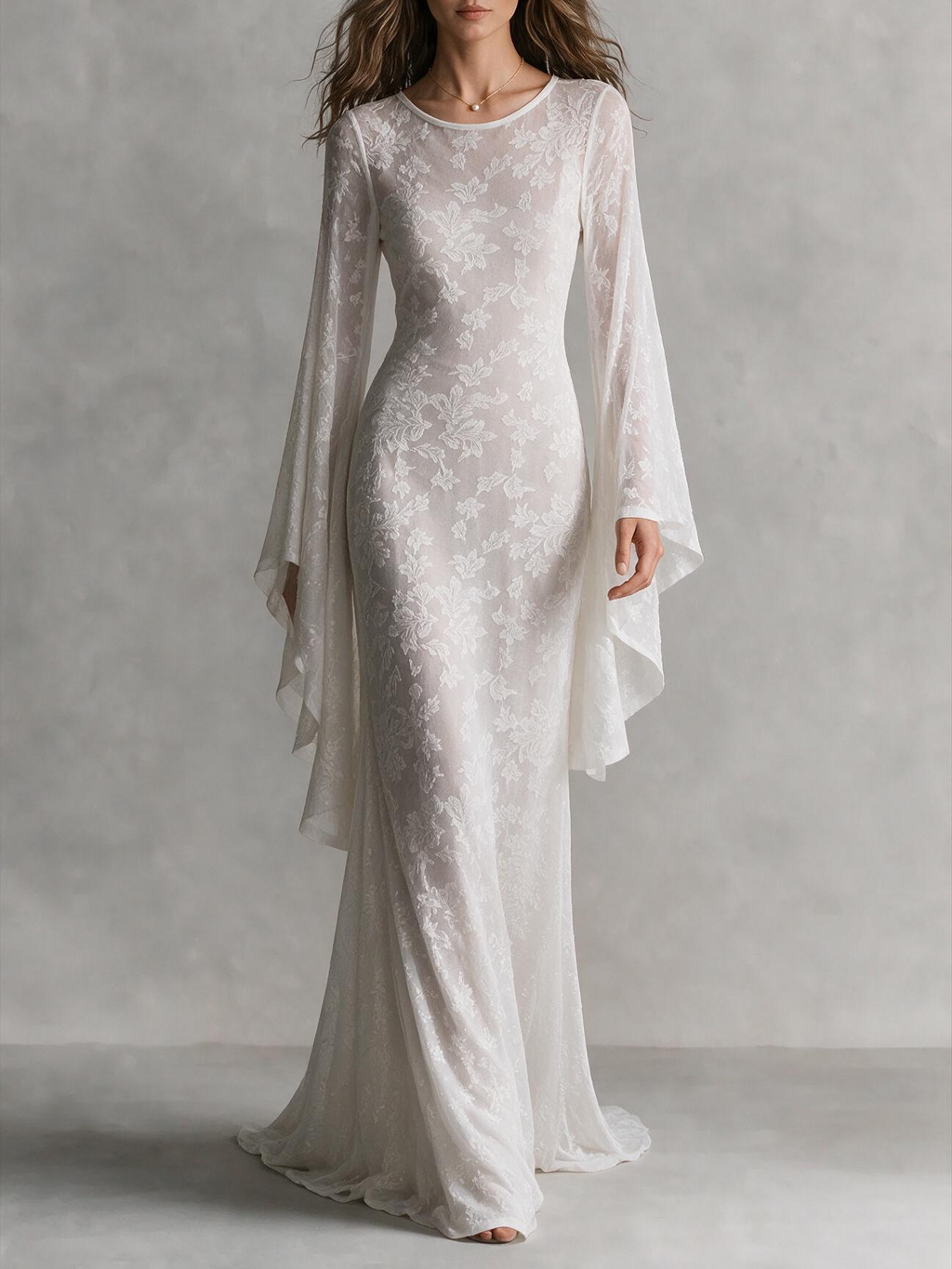 White Lace Backless Cape Sleeve Maxi Dress