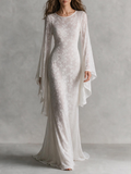 White Lace Backless Cape Sleeve Maxi Dress