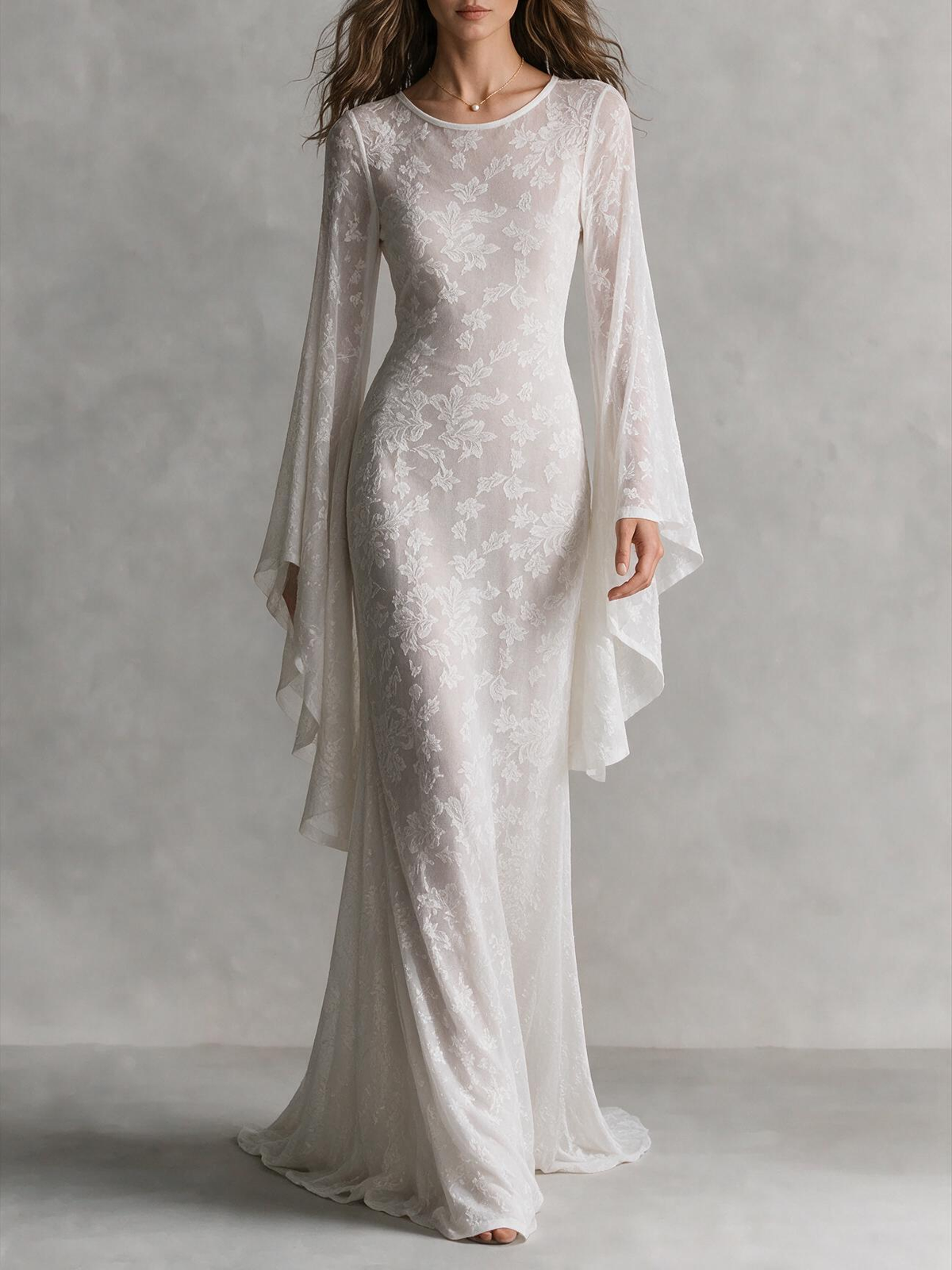 White Lace Backless Cape Sleeve Maxi Dress