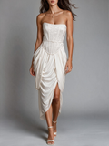 White Strapless Boned Corset Draped Slit Midi Dress
